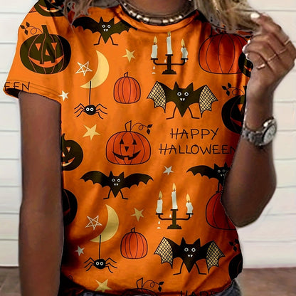 Women's Halloween Graphic T-Shirt - 3D Digital Print Spooky Pumpkin Bat Design, Casual Short Sleeve Round Neck Summer Top, Machine Washable Regular Fit for Halloween Party & Casual Attire, Festive Event Clothing, Durable Prin