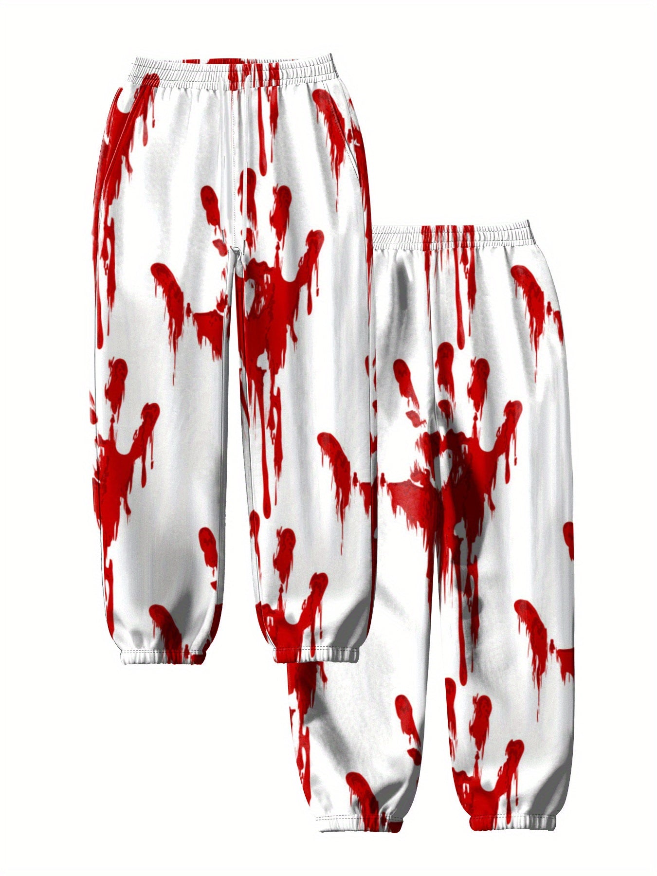 Women's High-Waisted Halloween Blood Splatter Pants - Stretchy Drawstring Waist, Non-See-Through Fabric for Halloween Party Outfits, Everyday Casual Wear - Machine Washable Pants (White with Red Splatter Design), Halloween Cl