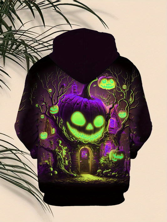 Men's Halloween Hoodie - Pumpkin Graphic Pullover Sweatshirt with Glowing Jack-O'-Lanterns, Hooded Long Sleeve Hoodie for Costume Parties & Casual Attire (Machine Washable) - Fall & Spring Outfits