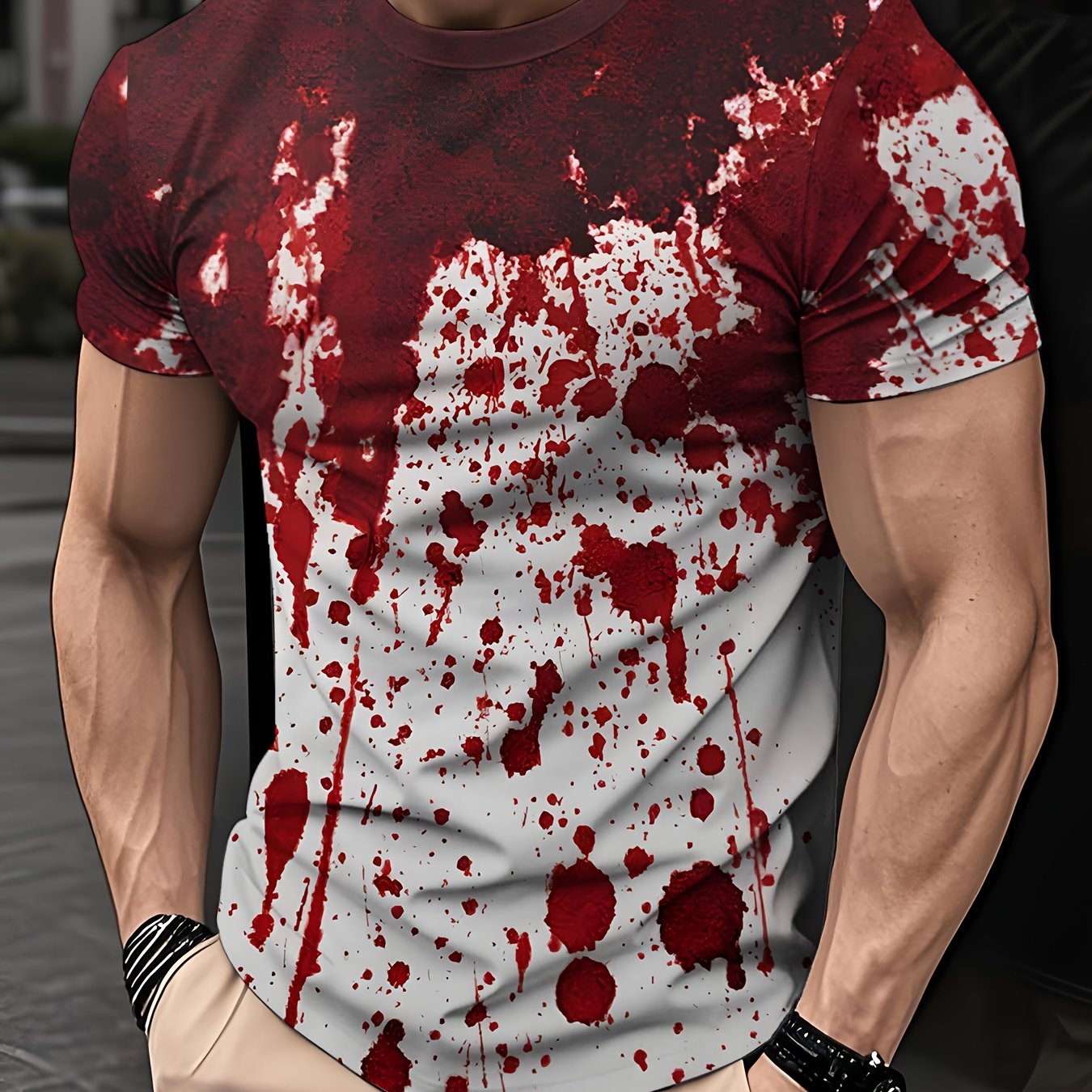 [Horror Blood Splatter Tee] Spooky Halloween Men's Horror Blood Splatter T-Shirt | Red Graphic Tee for Costumes, Parties - Non-See-Through Casual Shirt - Machine Washable for Everyday & Themed Outfits, Comfortable Fit
