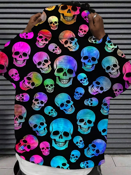 Men's 3D Skull Print Hooded Sweatshirt - Neon Glow Gothic Punk Style with Multicolor Gradient, Regular Fit Long Sleeve Pullover, Drawstring Hood & Pocket, Machine Washable Knit Fabric for Gym, Outdoor, Casual Wear (Skull Patt