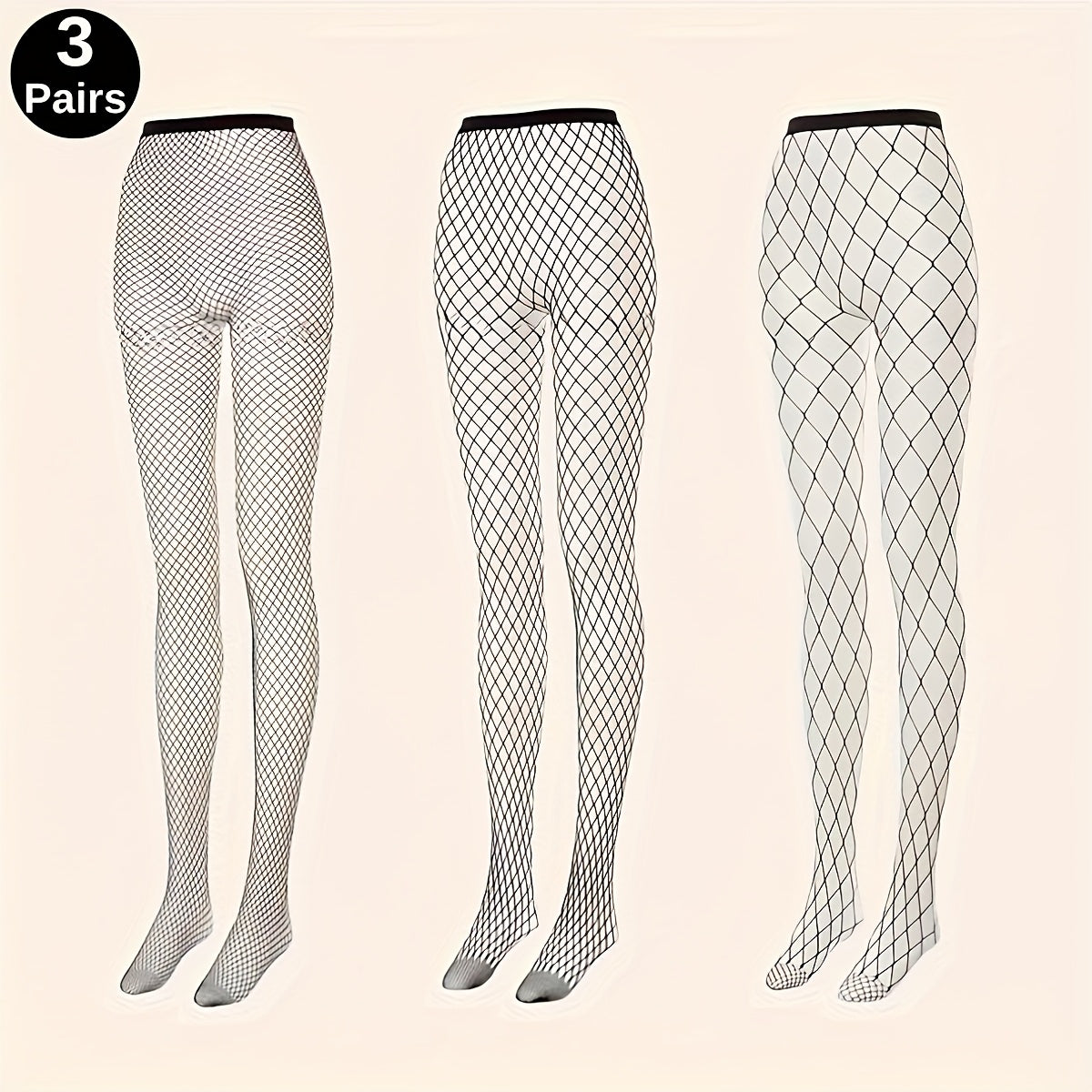 3 Pairs of Black Mesh Fishnet Tights with High Waist and Elasticity for Women, Perfect for Role Play, Hand Wash Only, Knit Fabric, Polyamide and Elastane Composition, Solid Color Theme, 118 g/m² Fabric Weight