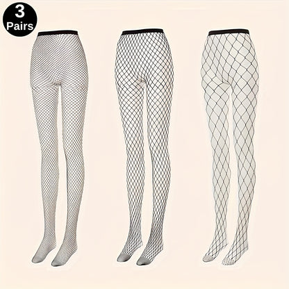 3 Pairs of Black Mesh Fishnet Tights with High Waist and Elasticity for Women, Perfect for Role Play, Hand Wash Only, Knit Fabric, Polyamide and Elastane Composition, Solid Color Theme, 118 g/m² Fabric Weight