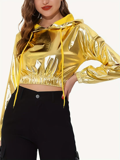 Women's Sexy Short-Length Hooded Sweatshirt - Long Sleeve Holographic Golden Metallic Pullover with Drawstring Hood, Stretchy Fabric for Gym Running Casual Wear, Spring/Autumn Fashion, Gym Hoodie, Seasonal Athletic Apparel, E