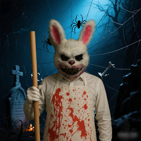 3pcs Horror Costume Set - Blood-Splattered Bunny & Killer Rabbit Mask with Bloody Apron & Gloves - Menacing White Rabbit Costume with Black Eyes & Sharp Teeth - Blood-Drip Design for Adults - Perfect for Halloween, Carnival,