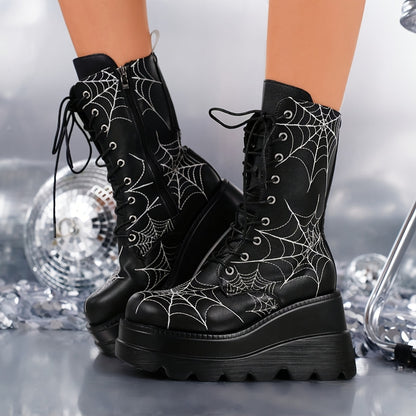 Spooky Style, Black Platform Mid-Calf Boots with Spider Web Design - Casual, All-Season, Zipper Closure, Round Toe, Polyurethane Upper, Fabric Lining & Insole, Casual Footwear|Spooky Theme Boots|Zippered Boots