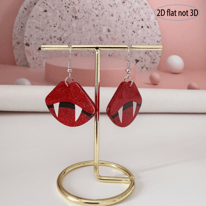 2D Flat, Pair of Red Lips & Fangs Glitter Earrings - 2D Flat Gothic Cute Jewelry with Sparkling Accents, Lightweight Dangle Earrings for Women, Perfect for Daily Wear & Halloween Party Accessories, Cute Earrings, Costume Jewe