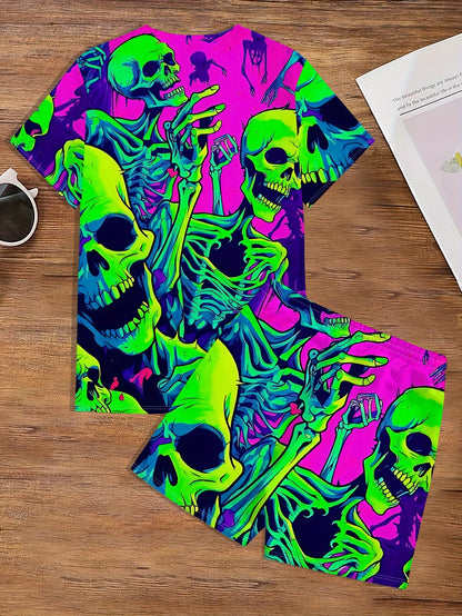 [Vibrant Skull Print Set] Vibrant Pink Men's Novelty Skull Print T-Shirt & Shorts Set | Green, Yellow & Blue Skeleton Design, Casual Crew Neck, Polyester Knit Fabric, Geometric Pattern, Regular Fit Pajama & Lounge Suit, Plus