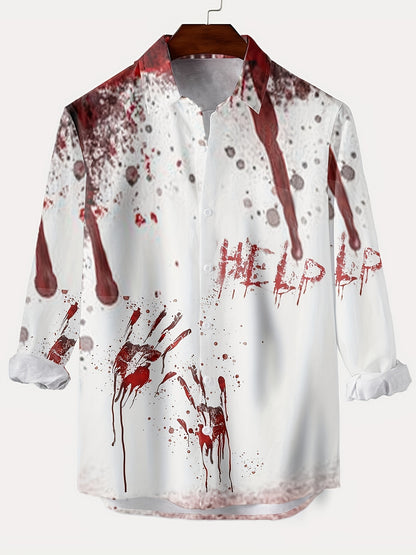 Scary Blood & Handprint Pattern Men's Long Sleeve Lapel Shirt, Men's Halloween Style Clothing For Spring Fall