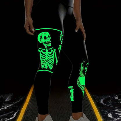 Women'S High-Waisted Stretchy Fitness Leggings with Glow-in-the-Dark Skull Print - Black, Elastic Waistband, Long Length for Running, Yoga & Halloween Party Wear, Yoga Pants, Halloween Leggings, Bold Graphic Pants, Highelasti