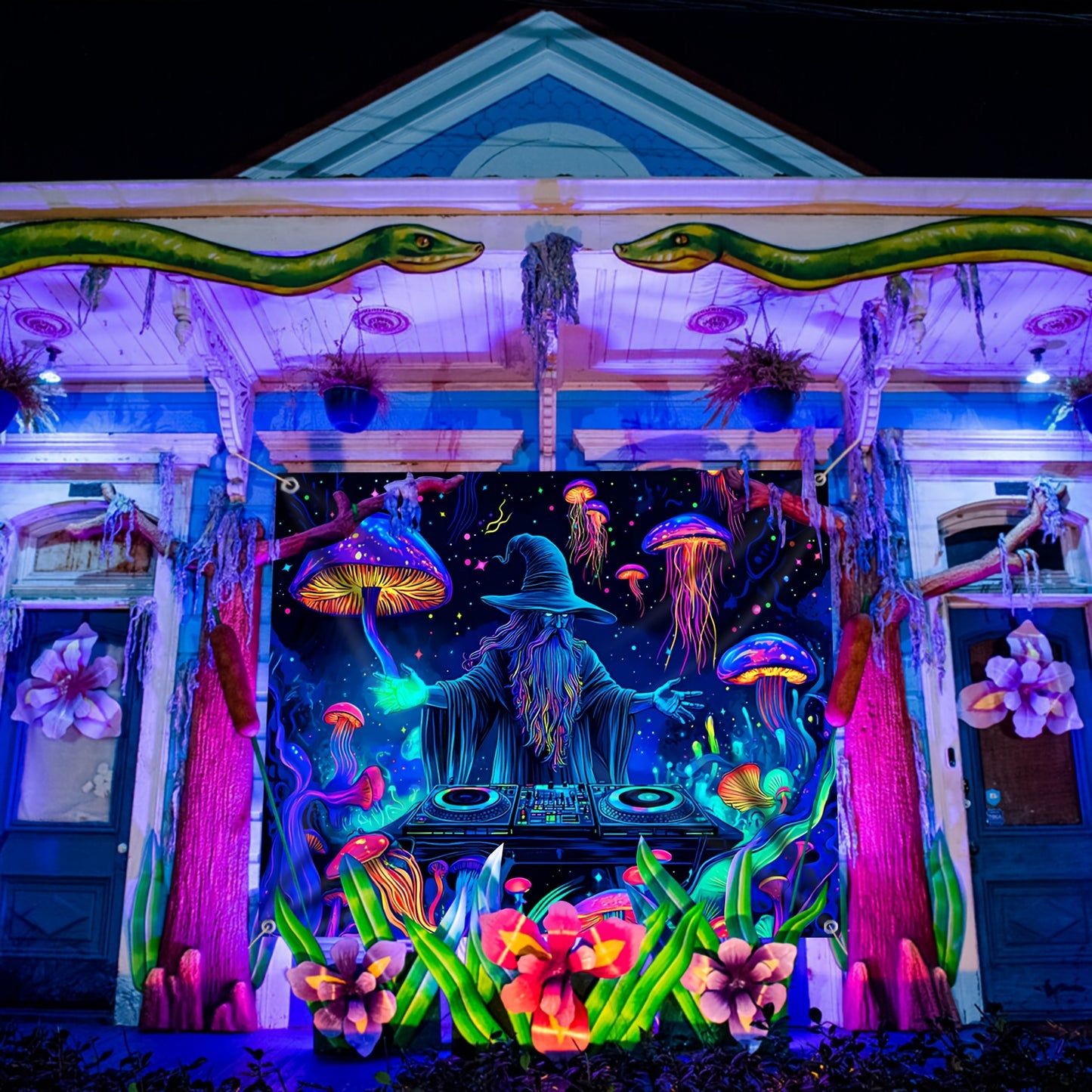 Wizard DJ Jellyfish Mushroom Fluorescent Tapestry - Halloween Outdoor Large Wall Hanging Decor for Yard Party, Hole-Punched Easy Hang, Festive Gift, Polyester, No Electricity Needed
