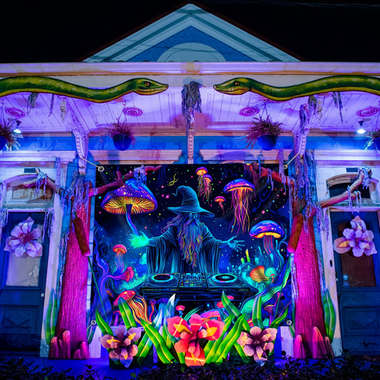 Wizard DJ Jellyfish Mushroom Fluorescent Tapestry - Halloween Outdoor Large Wall Hanging Decor for Yard Party, Hole-Punched Easy Hang, Festive Gift, Polyester, No Electricity Needed