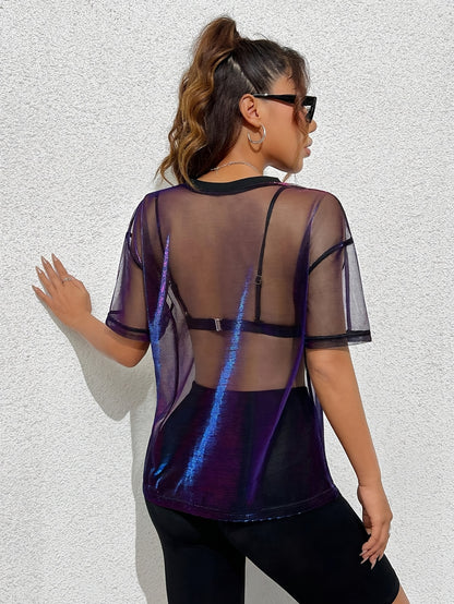 Women's Gradient Color Mesh Panel Summer T-Shirt - Elegant Loose Fit Round Neck Semi-Sheer Top for Casual & Evening Wear, Breathable Spring/Summer Fashion, Summer T Shirts, Spring Fashion, Stylish Semisheer, Elegant Mesh Desi