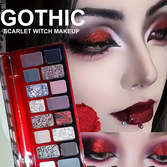 16-Color Gothic Scarlet Witch Makeup Eyeshadow Palette - Shimmering Pearlescent & Matte Finishes for Dramatic, Eye-Catching Looks with Vibrant Reds, Blues, and Metallic Shades, Perfect for Bold or Everyday Glam, Goth Makeup P
