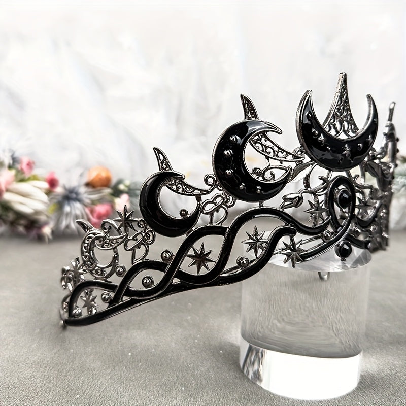 Adjustable Black Gothic Moon Crown Tiara - Celestial Resin Headpiece with Crescent Moon & Star Design for Halloween, Cosplay, and Night Parties, Halloween Costumes