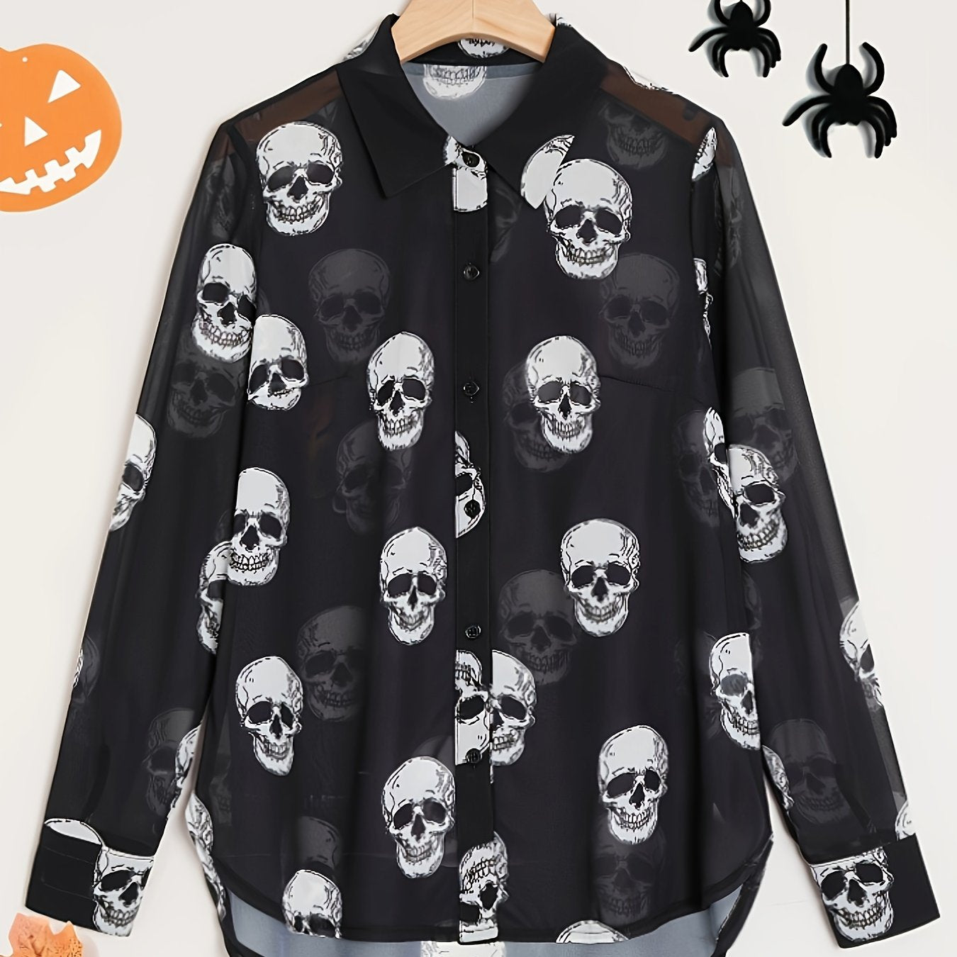 Women'S Elegant Halloween Skull Print Shirt, 100% Polyester Linen Blend, All-Season Lapel Collar, Woven Fabric, 180gsm - Adult Fashion Top