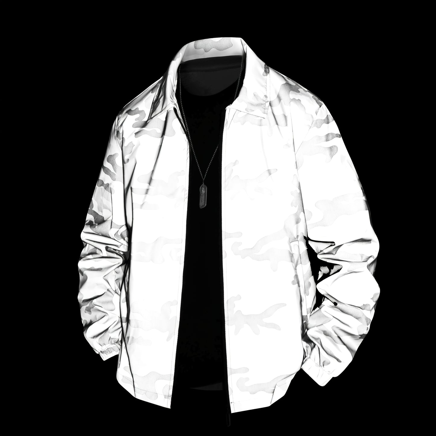 Men's Reflective Camo Soft Shell Jacket - Lightweight Polyester, Zip-Up Design with Flap Pockets, Gray Camouflage Pattern for Outdoor Activities, Running, Training, Hiking & Cycling - Perfect for Casual Wear