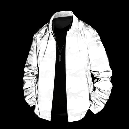 Men's Reflective Camo Soft Shell Jacket - Lightweight Polyester, Zip-Up Design with Flap Pockets, Gray Camouflage Pattern for Outdoor Activities, Running, Training, Hiking & Cycling - Perfect for Casual Wear