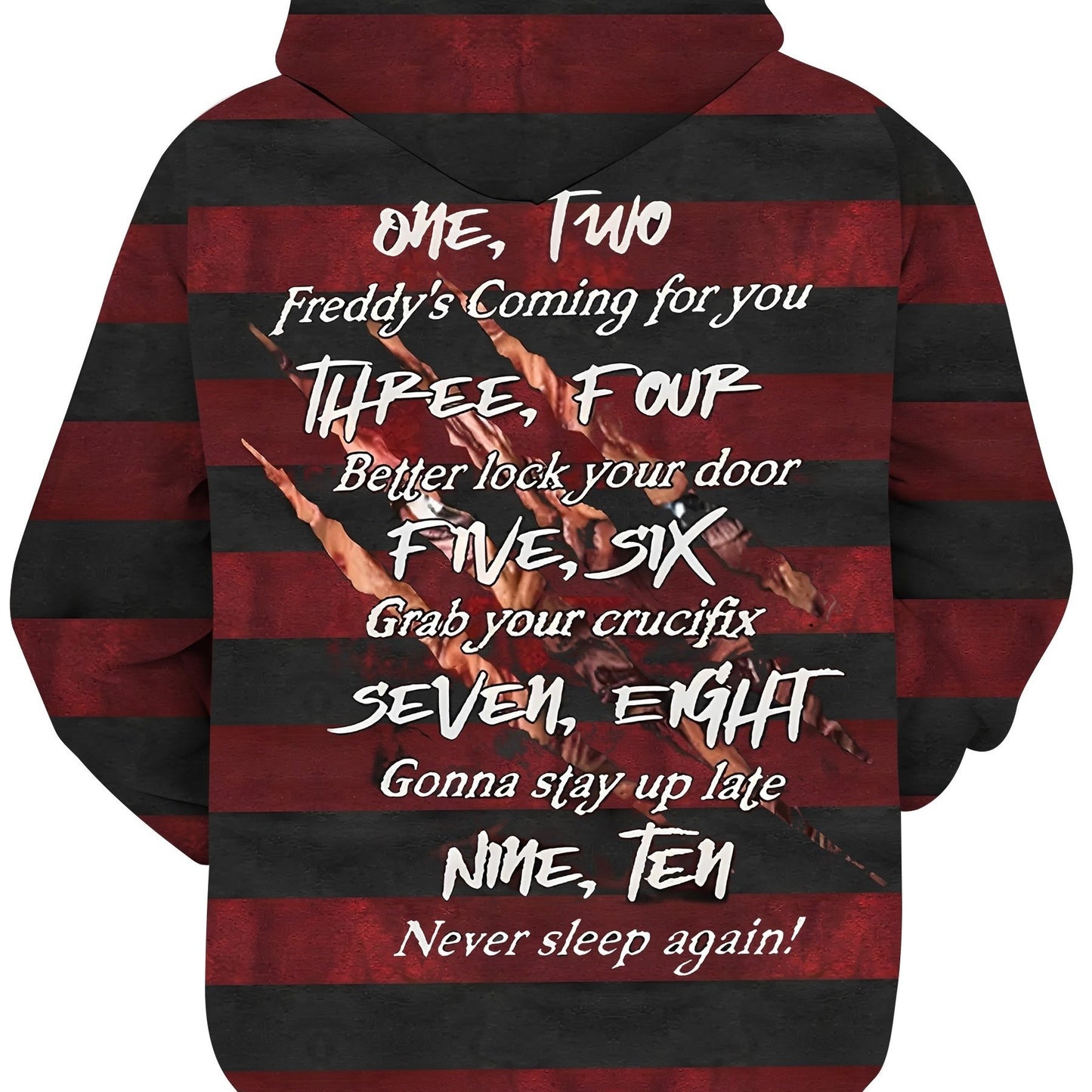 Men'S Plus Size Horror-Themed Hoodie with Freddy Krueger Print - Black & Red Striped Pullover with Kangaroo Pocket, Casual Streetwear for Halloween, Halloween Costume, Halloween Apparel, Halloween Decorations