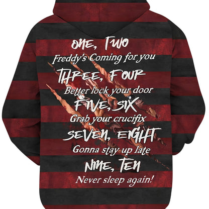 Men'S Plus Size Horror-Themed Hoodie with Freddy Krueger Print - Black & Red Striped Pullover with Kangaroo Pocket, Casual Streetwear for Halloween, Halloween Costume, Halloween Apparel, Halloween Decorations