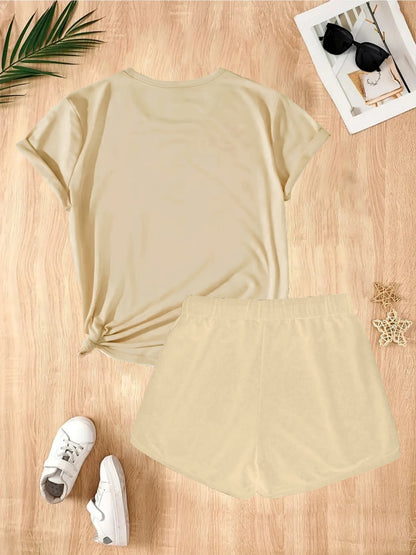 2pcs Women'S Casual Summer Outfit - Rave Graphic Print T-Shirt & Shorts Set, Light Green Polyester Blend, Round Neck, Short Sleeve, High-Waisted Shorts with Drawstring, Perfect for Casual Attire, High Waisted Shorts