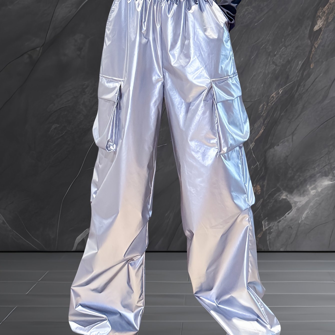 Reflective Hip-Hop Jazz Women'S Wide-Leg Pants - Elastic Waist, Silvery Texture, Loose Fit with Pockets, Machine Washable, Perfect for Streetwear & Casual Style, Spring Autumn Trousers, Street Style Pants | Loose Fit Pants |