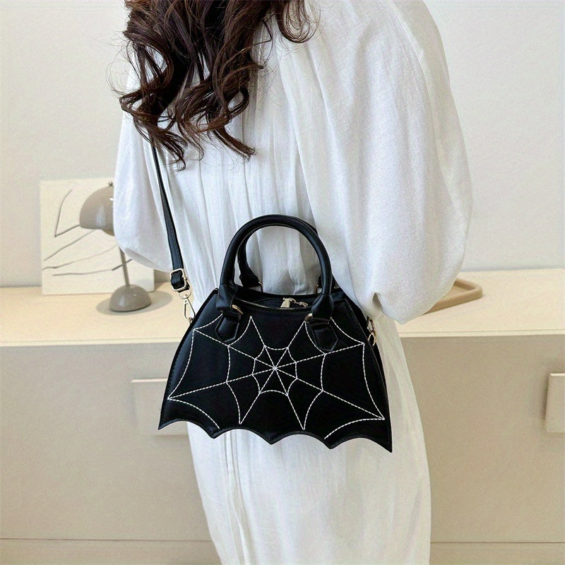 Halloween Women'S Bat Wing Spider Web Handbag - Lightweight Synthetic Faux Leather Tote with Geometric Spider Web Design, Zipper Closure & Detachable Strap, Gothic Style for Daily Use or Party Outfits, Durable Polyester Linin