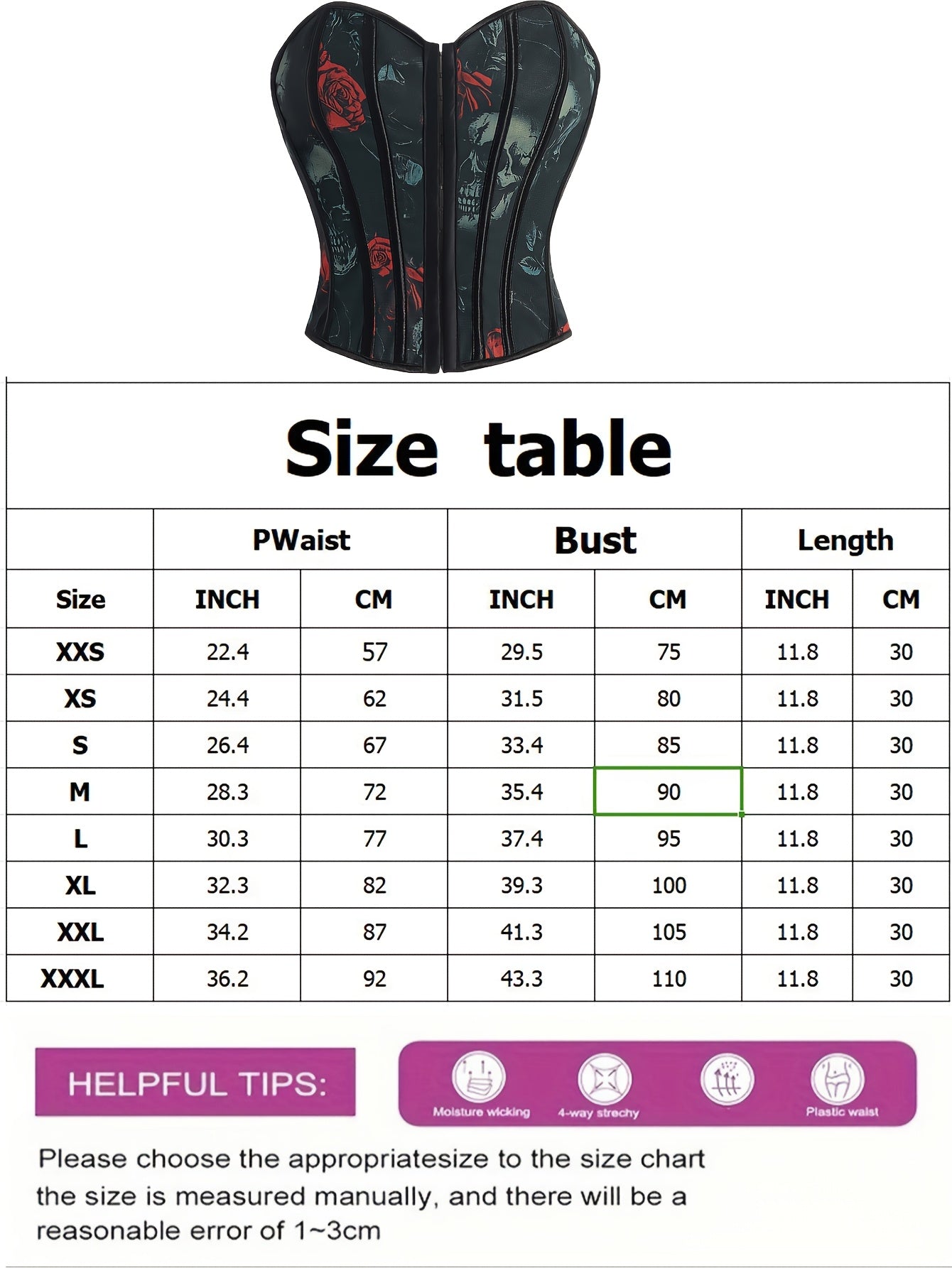 [Statement Fashion] Elegant Skull Print Lace-Up Corset Top for Women - Gothic Style, High Support, Tummy Control, Black with Red Roses & Skull Design, No-Pad Bustier, Hand Wash Only