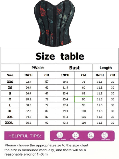 [Statement Fashion] Elegant Skull Print Lace-Up Corset Top for Women - Gothic Style, High Support, Tummy Control, Black with Red Roses & Skull Design, No-Pad Bustier, Hand Wash Only