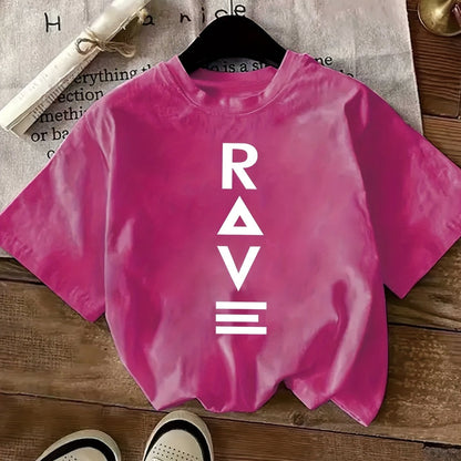 1pc Women's Crewneck T-Shirt - Black with White RAVE Typography Print, Techno Music Inspired Design, Casual Short Sleeve Tee for EDM Festivals & Summer Outings, Machine Washable, Exclusive Deal of the Day Gift Idea, T-shirt S