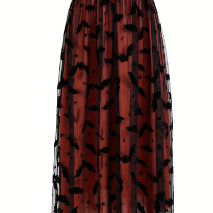 Plus Size - Elegant Plus Size Purple Tulle Skirt with Black Bat Print - Mid-Length, Flowy Design, Perfect for Casual or Formal Occasions, Formal Occasion Skirt | Bat Print Skirt | Polyester Fabric