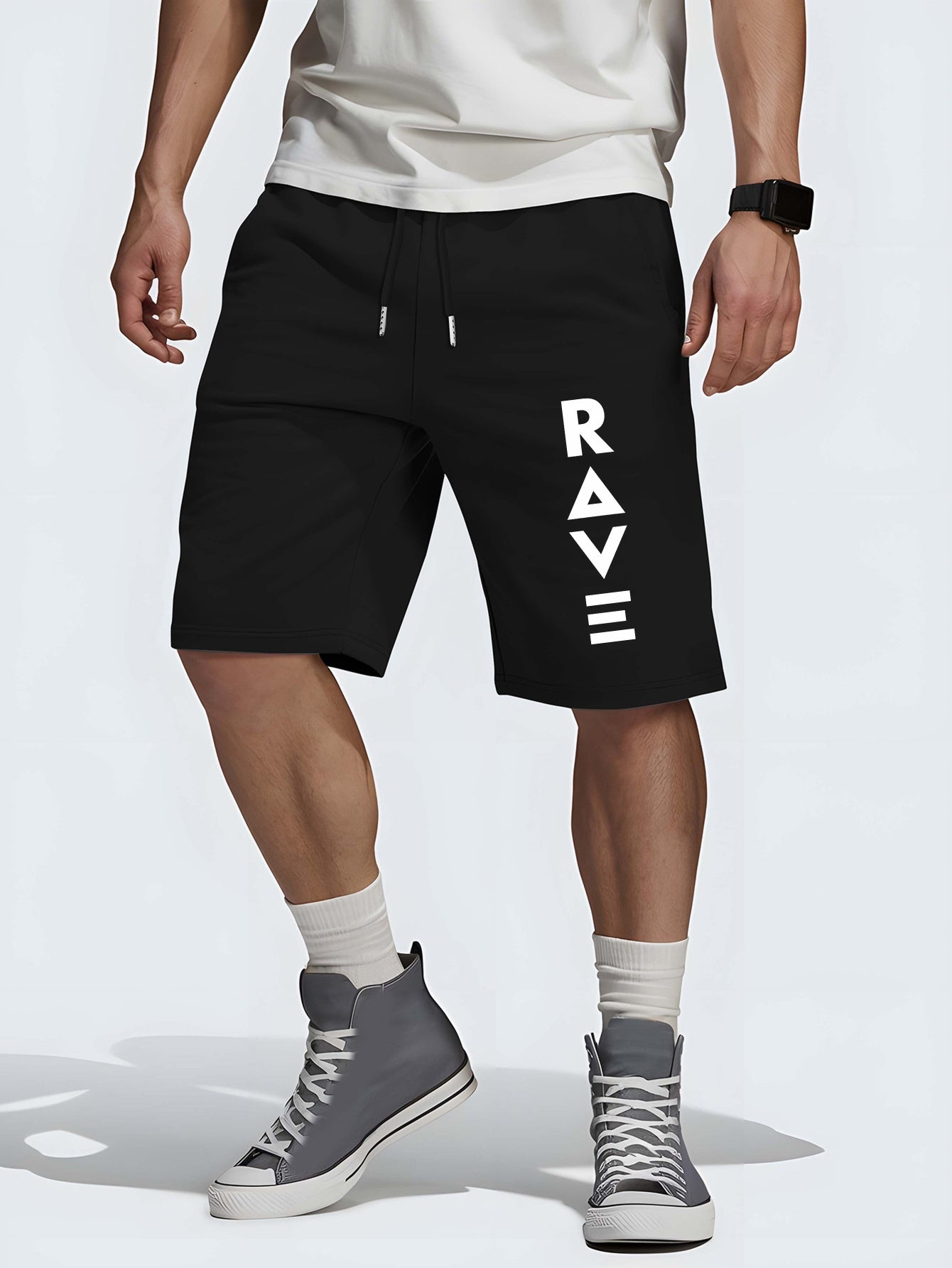 R V New Men's Summer Casual Shorts with RAVE Letter Print - Light Grey Regular Fit Outdoor Sports & Beach Vacation Shorts, American Fashion Trendy Lightweight Comfortable Design, Beach Vacation Apparel | Fashionable Casualwea