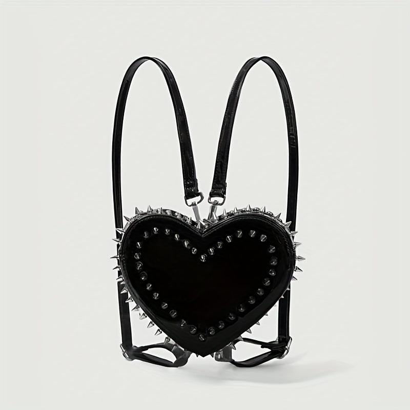 Women'S Punk Gothic Heart-Shaped Chain Backpack - Red Faux Leather with Metallic Studded Design, Adjustable Straps & Zipper Closure, Casual Daypack for Casual Attire, Casual Daypack | Punk Style Backpack | Metallic Studded Ba
