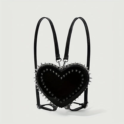 Women'S Punk Gothic Heart-Shaped Chain Backpack - Red Faux Leather with Metallic Studded Design, Adjustable Straps & Zipper Closure, Casual Daypack for Casual Attire, Casual Daypack | Punk Style Backpack | Metallic Studded Ba