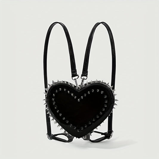 Women'S Punk Gothic Heart-Shaped Chain Backpack - Red Faux Leather with Metallic Studded Design, Adjustable Straps & Zipper Closure, Casual Daypack for Casual Attire, Casual Daypack | Punk Style Backpack | Metallic Studded Ba