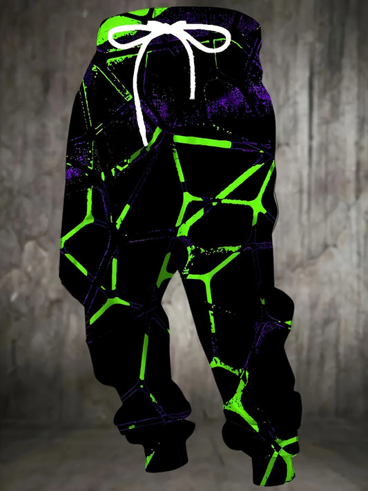 Men's 3D Neon Green Print Joggers - Black Casual Pants with Adjustable Drawstring Waist & Pockets, Regular Fit for Lounge, Gym, Casual Attire - Machine Washable, Adjustable Joggers | Trendy Joggers | Comfortable Fit