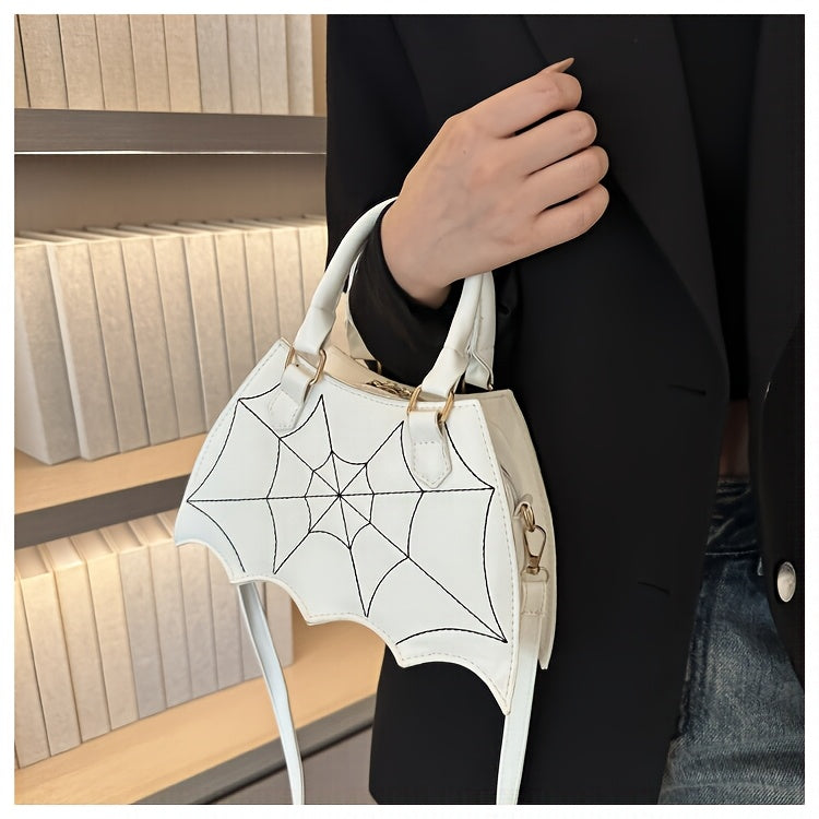 Halloween Women'S Bat Wing Spider Web Handbag - Lightweight Synthetic Faux Leather Tote with Geometric Spider Web Design, Zipper Closure & Detachable Strap, Gothic Style for Daily Use or Party Outfits, Durable Polyester Linin