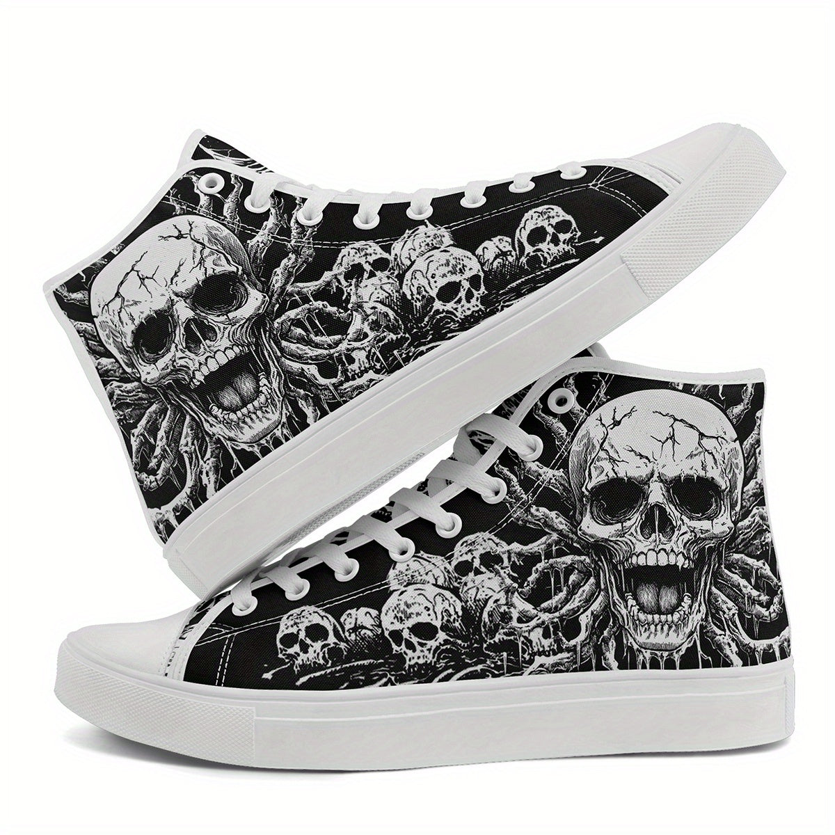 Men'S Plus Size Gothic Punk High-Top Sneakers with Skull Print, Black Casual Shoes for Streetwear & Everyday Comfort, Lace-Up Round Toe Design, Rubber Sole, Fabric Upper, Perfect for Parties, Concerts & Daily Wear, Everyday C
