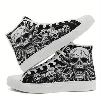 Men'S Plus Size Gothic Punk High-Top Sneakers with Skull Print, Black Casual Shoes for Streetwear & Everyday Comfort, Lace-Up Round Toe Design, Rubber Sole, Fabric Upper, Perfect for Parties, Concerts & Daily Wear, Everyday C