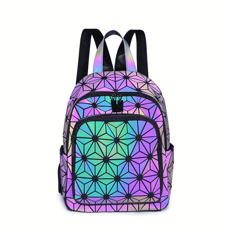 FOUPOOM Women's Geometric Iridescent Backpack - Color-Shifting Reflective PVC Bag with Adjustable Straps & Multiple Pockets, Casual Daypack for Teens,, Birthdays, Backpack for, Student Essentials, Trendy Design, Practical Poc