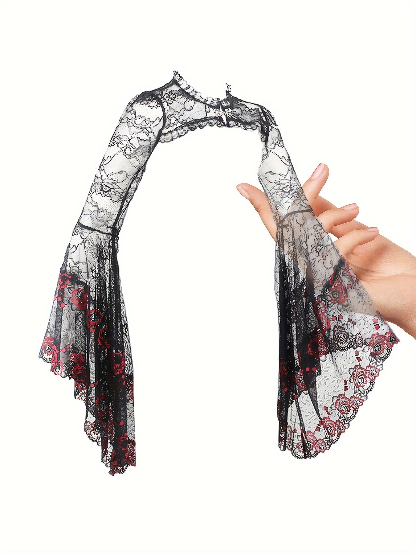 [Gothic Lace Shawl Top] Gothic Lace Shawl Top for Women - Semi-Sheer High Neck Long Sleeve with Red Rose & Black Guipure Lace Trim, Asymmetrical Hem, Loose Fit, Year-Round Versatile Party Wear, Halloween Costume (Hand Washabl