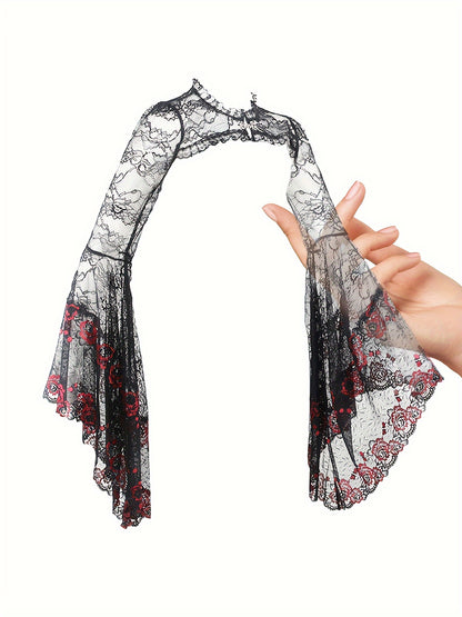 [Gothic Lace Shawl Top] Gothic Lace Shawl Top for Women - Semi-Sheer High Neck Long Sleeve with Red Rose & Black Guipure Lace Trim, Asymmetrical Hem, Loose Fit, Year-Round Versatile Party Wear, Halloween Costume (Hand Washabl