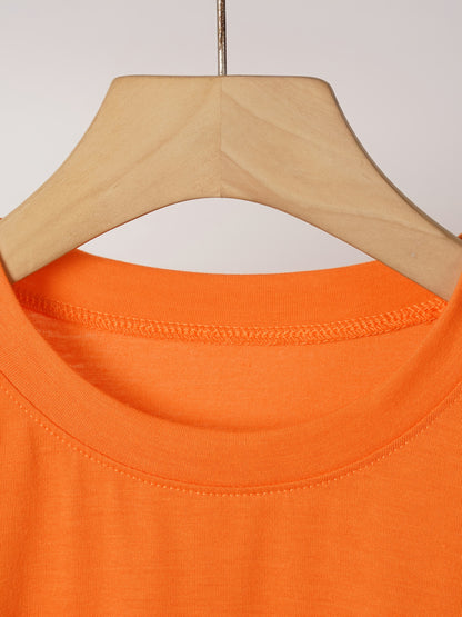 [Halloween Pumpkin T-Shirt] Halloween Pumpkin & Leopard Bow Print Women's T-Shirt | Vibrant Orange Casual Short Sleeve Crew Neck Top for Daily Wear, Costume Parties & Spring/Summer Outfits