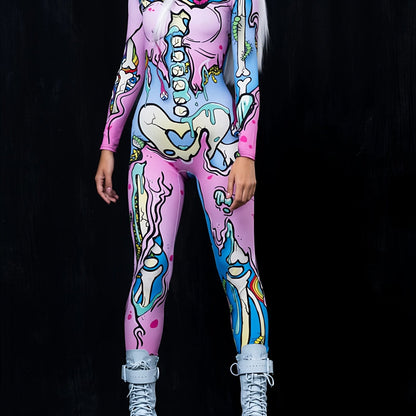 Women's Cute Spooky Skull 3D Print Gothic Halloween Costume Bodysuit for Carnival Holiday Party Cosplay