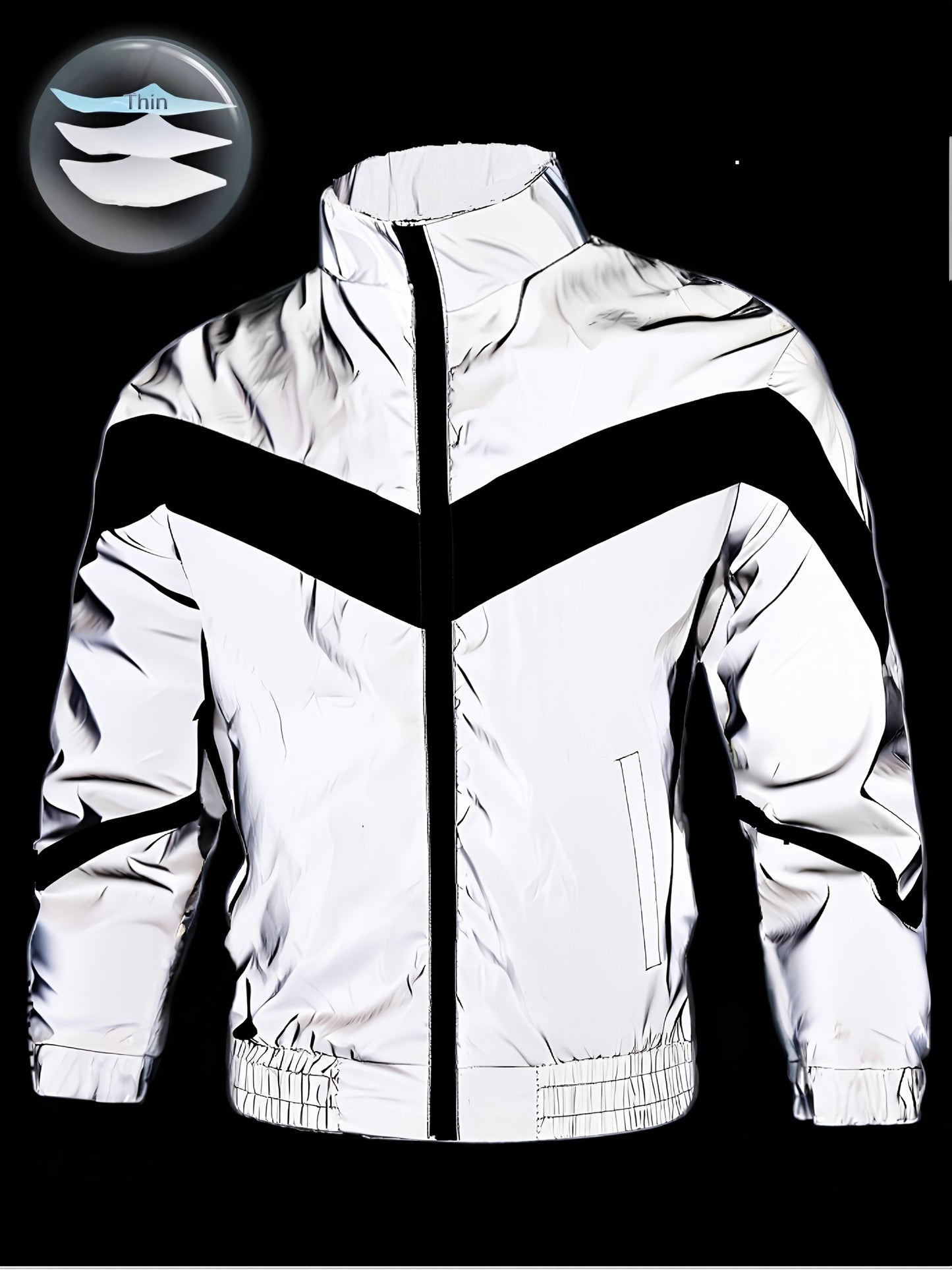 Men'S Reflective Windproof Hooded Jacket - Lightweight Zip-Up Outdoor Running & Cycling Coat with Stand Collar, Polyester Lining, and Adjustable Cuffs for Enhanced Visibility in the Rain or Cold Weather, Windbreaker Jacket