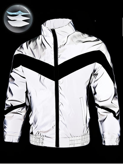 Men'S Reflective Windproof Hooded Jacket - Lightweight Zip-Up Outdoor Running & Cycling Coat with Stand Collar, Polyester Lining, and Adjustable Cuffs for Enhanced Visibility in the Rain or Cold Weather, Windbreaker Jacket