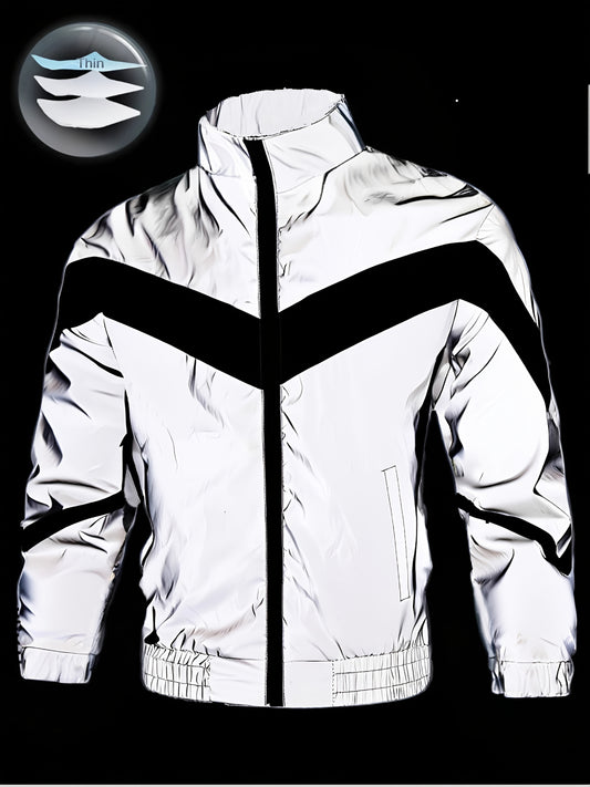 Men'S Reflective Windproof Hooded Jacket - Lightweight Zip-Up Outdoor Running & Cycling Coat with Stand Collar, Polyester Lining, and Adjustable Cuffs for Enhanced Visibility in the Rain or Cold Weather, Windbreaker Jacket