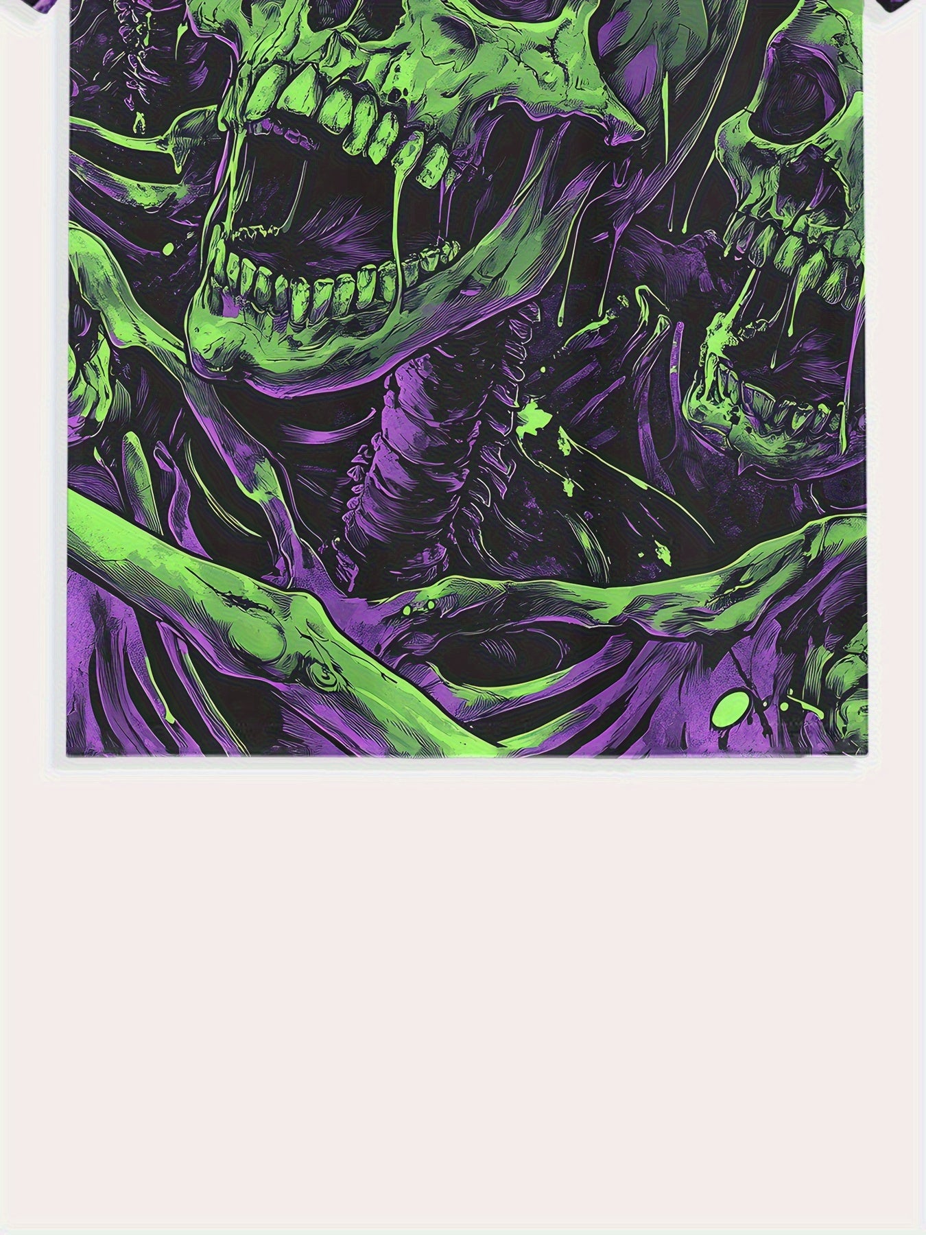 [Breathable Knit Fabric] Men's Plus Size 3D Skull Print T-Shirt - Breathable Knit Fabric, Black with Neon Green Skull Design, Regular Fit Casual Summer Outdoor & Casual Attire, PLUS Size