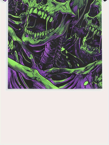 [Breathable Knit Fabric] Men's Plus Size 3D Skull Print T-Shirt - Breathable Knit Fabric, Black with Neon Green Skull Design, Regular Fit Casual Summer Outdoor & Casual Attire, PLUS Size