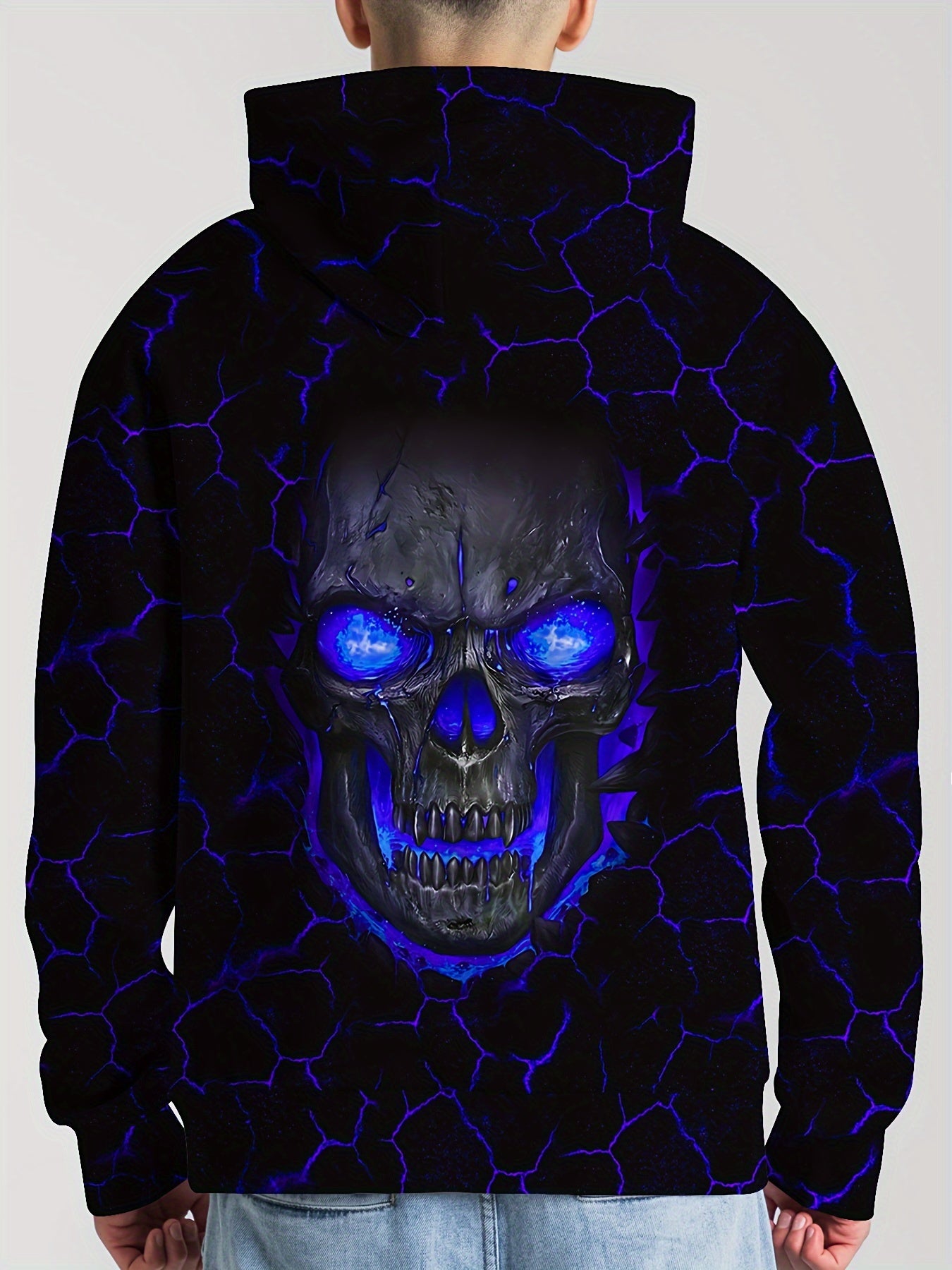 Men's 3D Skull Print Hoodie - Edgy Blue Glowing Eyes Design, Long Sleeve, Casual & Sporty, Polyester Blend, Machine Washable for Fall/Winter, Skull Hoodie